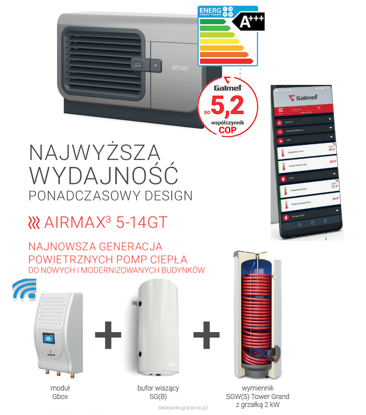 Airmax 3 14GT pompa ciepła Galmet + Moduł Gbox+Wymiennik SGW(S) Tower Grand 200l z grzałką 2kW + Bufor 120l SG(B) Galmet