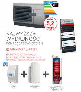Airmax 3 14GT pompa ciepła Galmet + Moduł Gbox+Wymiennik SGW(S) Tower Grand 200l z grzałką 2kW + Bufor 120l SG(B) Galmet